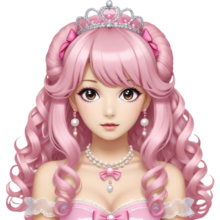 Cabello: Luce un peinado voluminoso con rizos grandes y definidos, muy característico del himegyaru. Lleva un flequillo recto y un tocado llamativo en el cabello: una tiara de brillantes y un lazo rosa con encaje y perlas colgantes, que refuerzan la estética de princesa.
	•	Maquillaje: Aunque no se ve del todo, sus ojos destacan con un estilo de maquillaje que agranda la mirada, probablemente con pestañas postizas y lentes de contacto de efecto dolly. Sus uñas están decoradas al estilo deco nails, con accesorios 3D como moños y brillantes.
	•	Ropa: Viste en tonos rosados y texturas suaves, con un vestido de encaje rosa claro y un lazo grande al centro. Encima lleva una chaqueta tipo peluche que añade ternura y contraste de texturas. El broche de My Melody en su pecho es típico del uso de peluches y accesorios cute dentro del himegyaru, donde los personajes de Sanrio son muy comunes. emoji