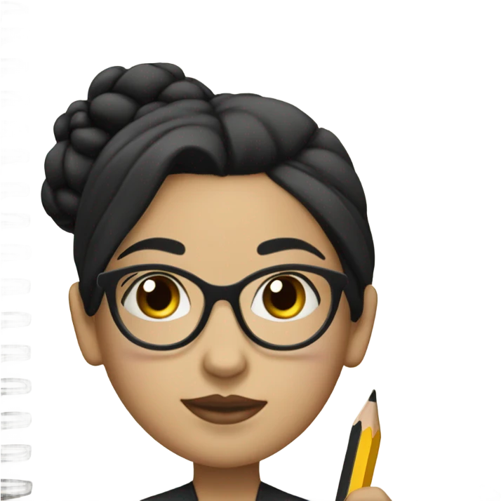A woman with Black hair with a bun in the top of her head, she has glasses, she is writing a note on her notebook, we can see her pencil, she has white skin emoji
