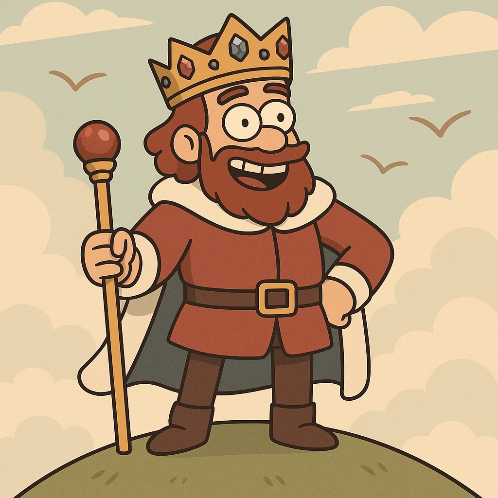 cartoon style, a king with a scepter and a jeweled crown, standing on a small hill, smiling, birds flying in the background emoji