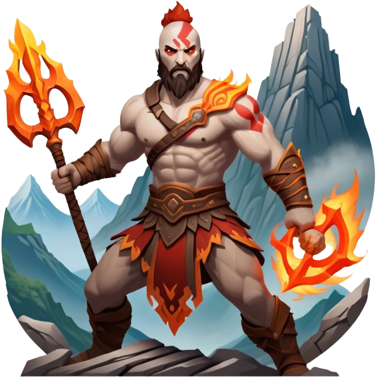 An icon showing a powerful warrior wielding a weapon, inspired by God of War: Ragnarok. The design captures the character’s strength, with dynamic motion lines. A fiery, mythological background with mountains and ruins enhances the epic atmosphere. Transparent background. emoji