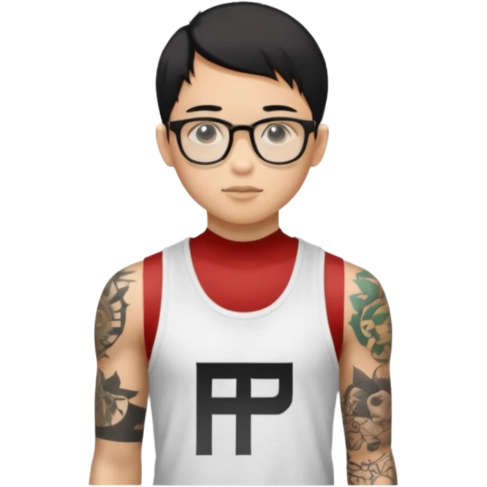 A young boy with A macbook laptop, black straight short hair, wearing glasses, wearing a tanktop, has tattoos, he is asian

Add the letters "P I F" floating around emoji