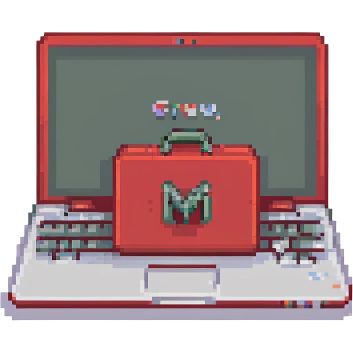 red laptop at an angle, showing 'cmv' logo on the back, pixel art style emoji
