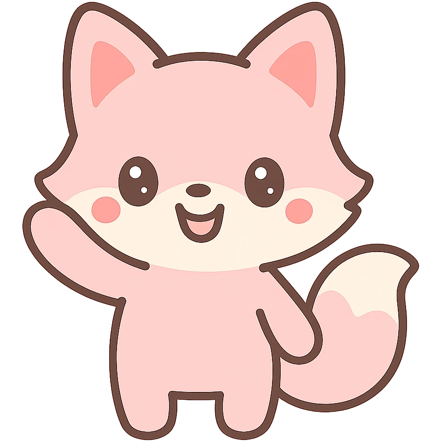 kawaii style pink fox, waving and smiling emoji