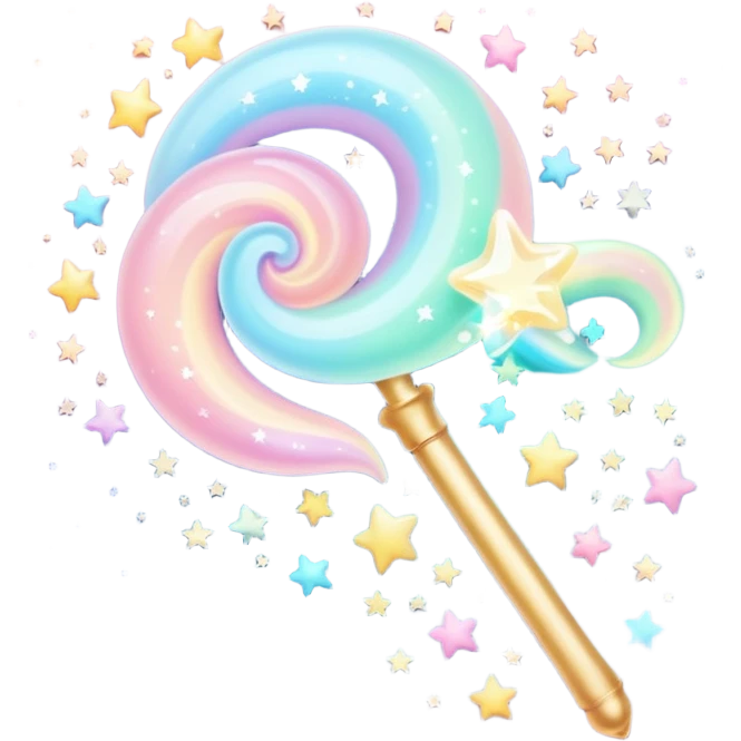 Cinematic cute magical wand, pastel swirls of color, tiny twinkling stars floating around, glowing softly, chubby rounded edges, whimsical and dreamy. emoji