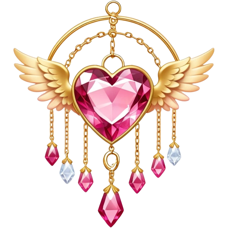 Reddish-pinkish and golden warm-colored romantic lush beautiful pretty hanging crystal-catcher aesthetic with hearts and sparkles and and white angel wings hanging from a gold chain emoji