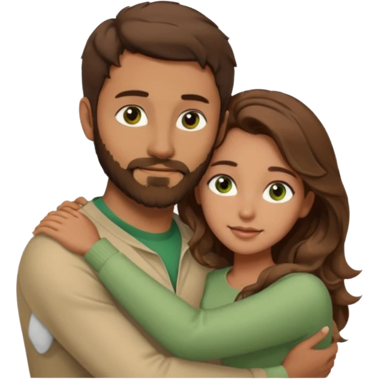 a man with short brown hair and brown beard with brown eyes and a girl with long brown wavy hair with green eyes, togheter. Beige clothes, hugged each other emoji