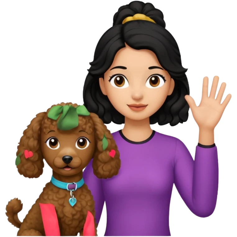 Ponytail black hair girl with brown Poodle say goodbye  emoji