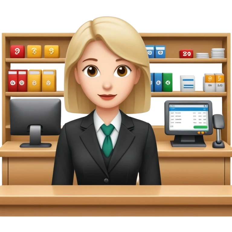 Professional female bank clerk in formal business attire behind a counter emoji