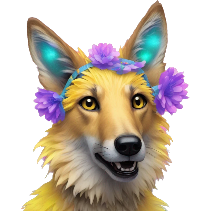  brindle fluffy lurcher Alsatian fox running blue eyes fluffy ears and iridescent holographic oilslick harness wearing paper flower crown yellow caution tape neon sign emoji