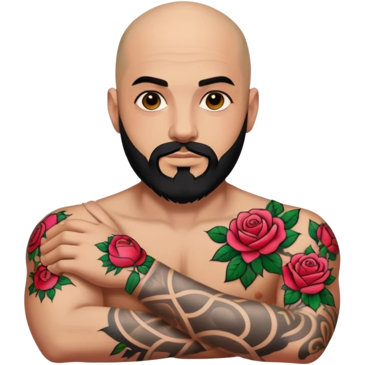 Bald man with black beard raising hand with colorful roses tattoo on forearm  emoji
