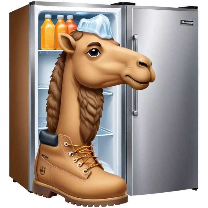 A desert camel head and neck attached to a stainless steel refrigerator body with ice dispenser, wearing classic Timberland-style work boots emoji
