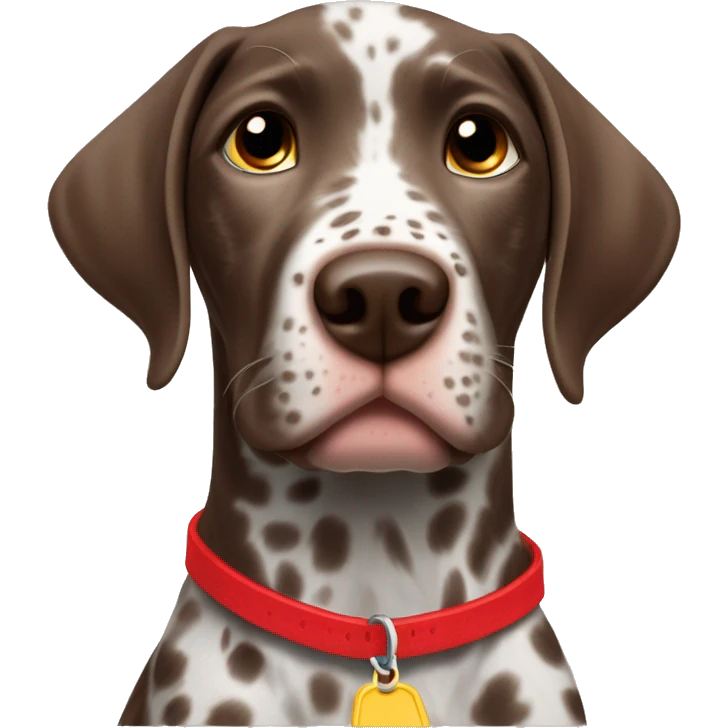 Brown spotted German short haired pointer puppy with ticking with red collar  emoji