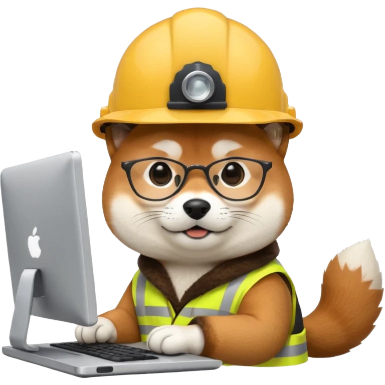 shiba inu with eye glasses and computer wearing a hard hat emoji