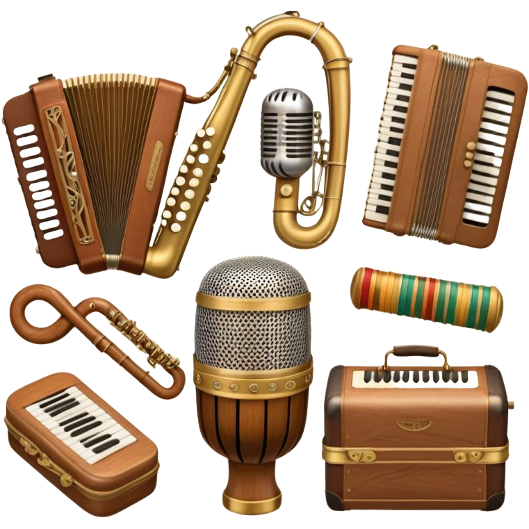 Create a colorful and cultural humanless emoji representing folk singing. The design should feature a collage of flowing design around a vintage microphone and traditional folk instruments, such as a wooden flute (dudka), a button accordion (harmon), a set of gusli, and a tambourine (buben), all arranged in a harmonious. The instruments should have earthy, natural tones like wood browns, brass accents, and vibrant colors reflecting their folk origins. Add subtle musical notes to tie the elements together, symbolizing the power of folk music. The background should be transparent. emoji