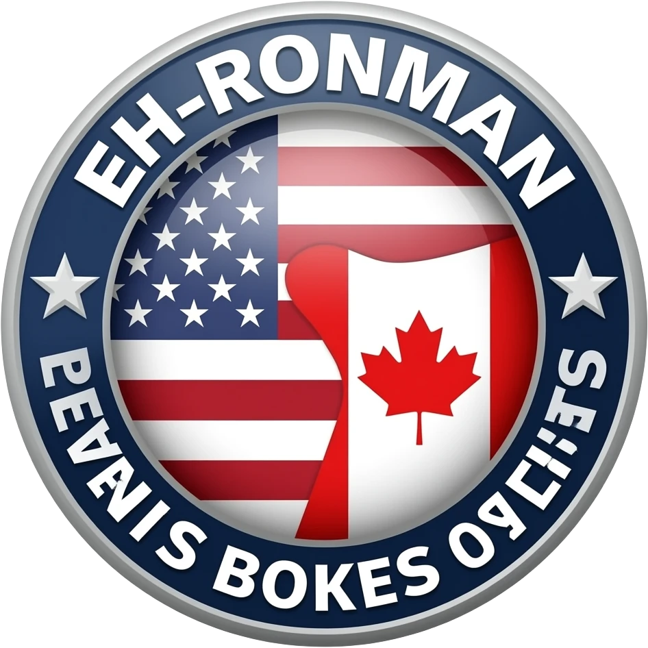 logo for eh-ronman events and the us and Canadian flag emoji