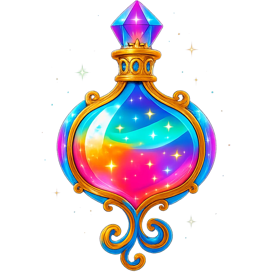 premium class crystal elixir bottle in colorful chewing gum style, bright colors, lots of glow, edges, ornaments, golden details, magical effects, very small golden neck, transparent background, beautiful connected bottom, clearly floating in air, no base or shadow, very luxurious, playful, matching the collection emoji