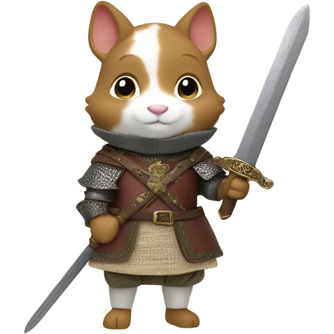A calico critter/sylvanian families figure dressed in medieval attire with a sword emoji