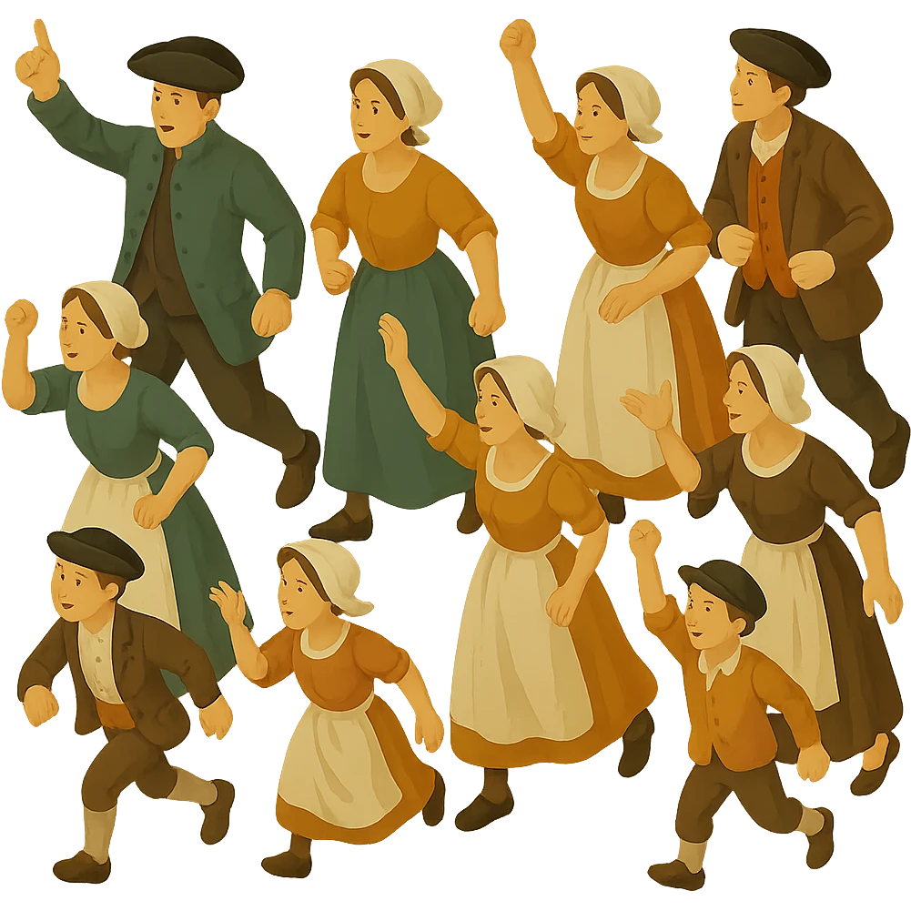 Create an isometric full body illustration of an 18th century crowd in a different dynamic pose. Include men, women, and children wearing period-appropriate clothing and hats. The arrangement should be lively and varied. No background and no text. emoji