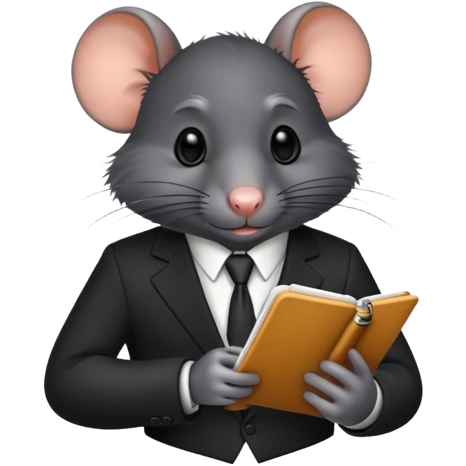 a black rat in a suit taking notes in a small notebook emoji