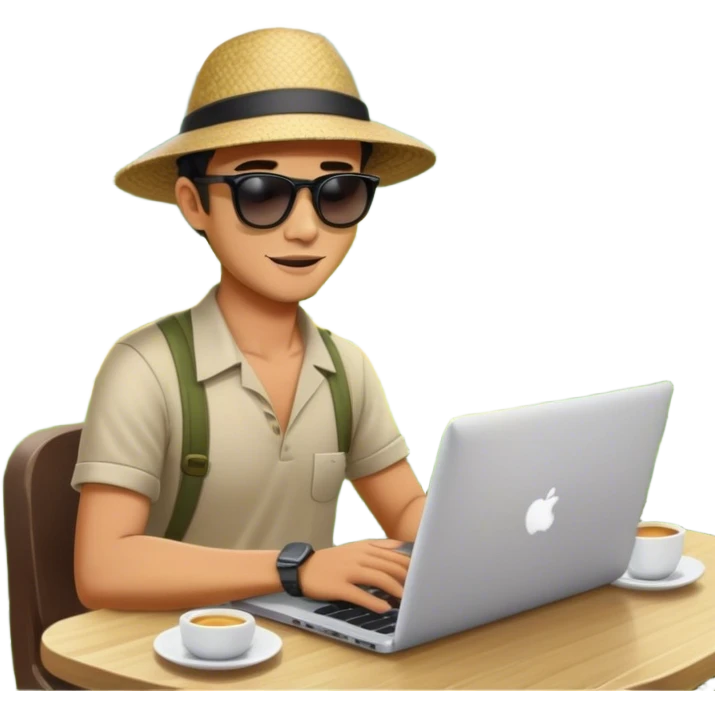 A digital nomad sits at a café in Bali, working on a laptop surrounded by lush green rice terraces and swaying palm trees emoji