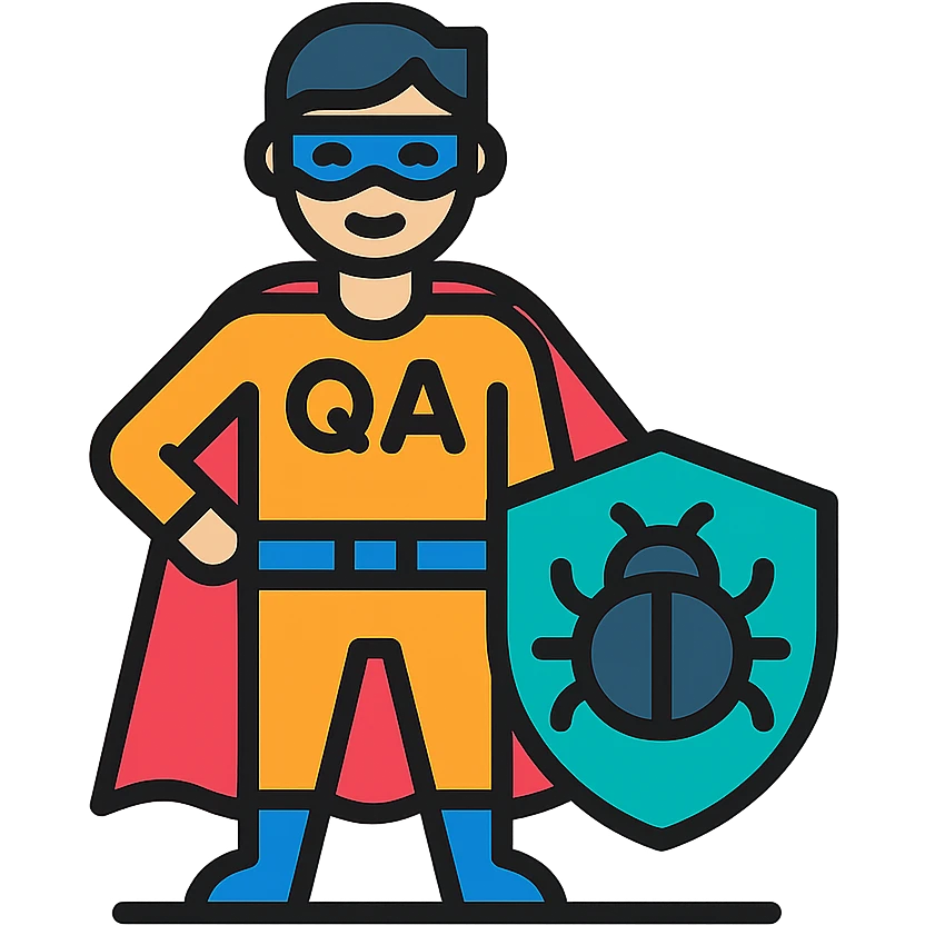 QA engineer superhero with cape and bug shield emoji