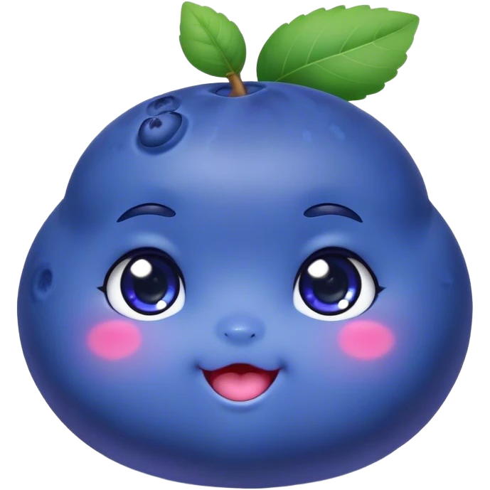 Cute Kawaii Blueberry, small and chubby, deep blue-purple with a tiny leafy crown, bright sparkling eyes, a soft round body, cute blushing cheeks, full of berry sweetness! emoji