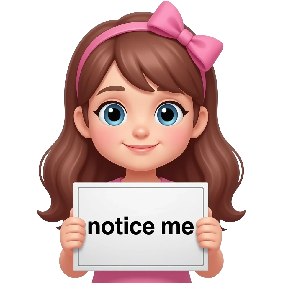 Yellow smiley with pink hairbow sad holding up a sign that says "notice me" emoji