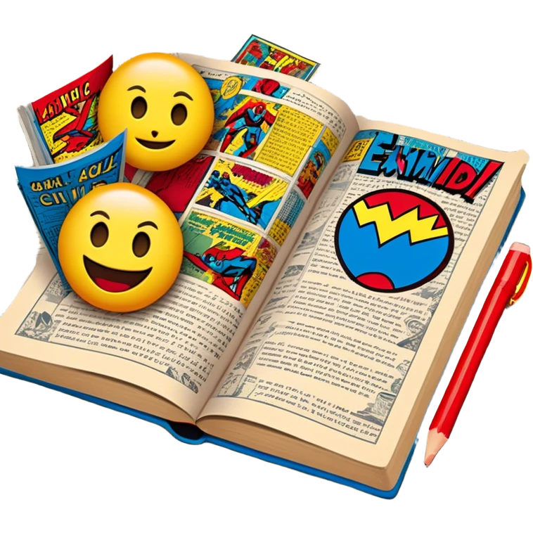 Create a vibrant emoji representing comic books and graphic novels as an art form. The design should feature a large, open comic book with vintage comic panels on the pages. Include a pencil (without a hand) gently writing text or sketching on the pages. The comic panels should have bold lines and retro-style artwork with classic comic book visuals. Use bright, energetic colors like red, yellow, and blue to evoke excitement and creativity. The overall design should feel dynamic, vintage, and artistic. Make the background transparent. emoji emoji