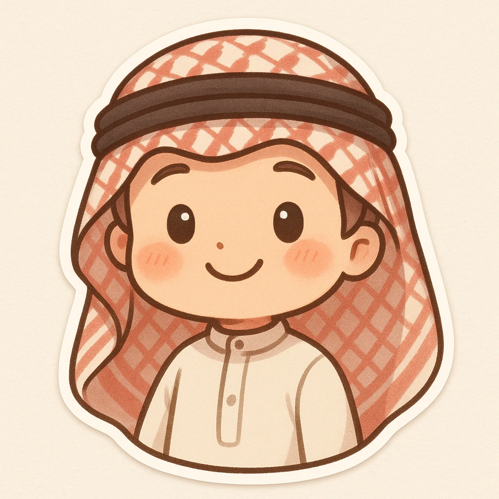 adorable cartoon boy with a keffiyeh, smiling, soft colors, round face, chibi style emoji