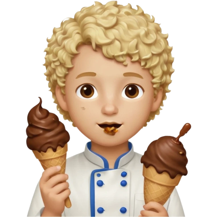 boy blonde curly hair, chef, eating chocolate ice cream emoji