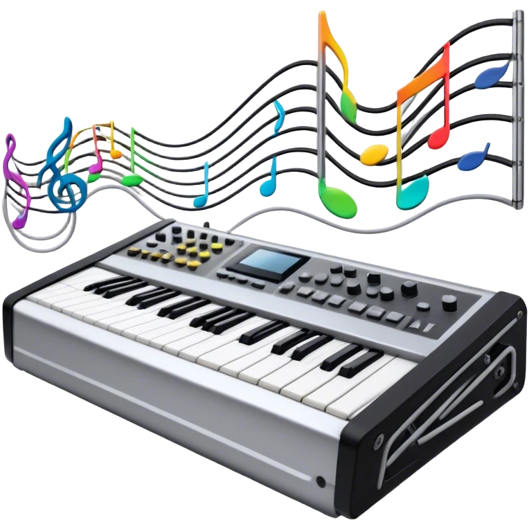Create a professional and detailed emoji that represents sound design. The design should feature a high-end studio synthesizer, specifically a Korg synthesizer, with a mixing console and control panel, all connected with audio cables. Surround the equipment with flowing sound waves or musical notes to symbolize the creation and manipulation of sound. Use colors like metallic silver, black, and neon accents to emphasize the technical, creative nature of sound design. The background should be transparent. emoji