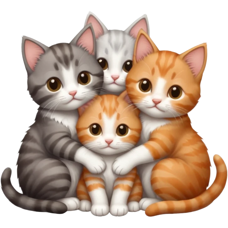 3 tiny kittens cuddling together all different colours, the first one is grey and white, the second is ginger and white and the third is brown tabby and white emoji