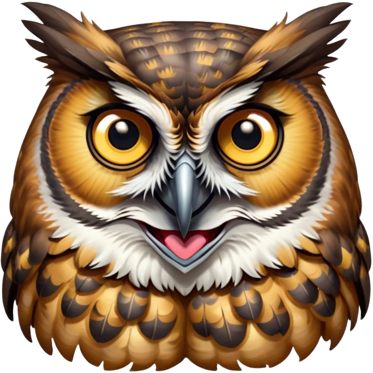 Cinematic Comical Great Horned Owl Portrait Emoji, Head tilted dramatically with an exaggeratedly amused expression, featuring a strikingly patterned mottled plumage with bold contrasts, wide, expressive golden eyes filled with playful disbelief, Simplified yet hilariously expressive features, highly detailed, glowing with a slightly sassy glow, high shine, dramatic yet playful, stylized with an air of cheeky nocturnal mischief, bright and endearing, soft glowing outline, capturing the essence of a spirited and over-the-top owl, so meme-worthy it feels like it could hoot its way into internet fame instantly! emoji