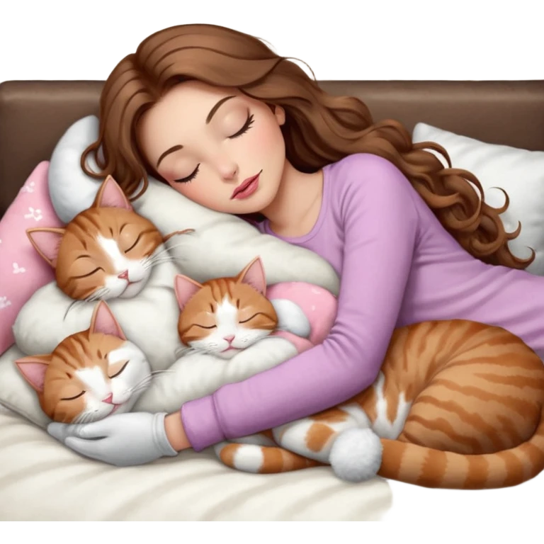 girl with long wavy brown hair, brown eyes, long lashes makeup, sexy pink lips, light to medium complexion,  sleeping on a cozy pillow, with 6 cats: 1 brown and white tabby cat, 1 ginger and white, 2 grey and white, 1 grey with white mittens and small white patch on chest and 1 calico, sleeping emoji
