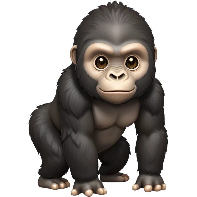 cinematic-cute gorilla-realistic-full-body-on all fours-emoji,-exuding-strength,-thick-dark-fur-in-the-light,-head-tilted-dramatically,-deep-dark-eyes-filled-with-intense-intelligence,-simplified-yet-realistic-focused-features,-highly-detailed,-glowing-with-an-almost-sarcastic-glow emoji