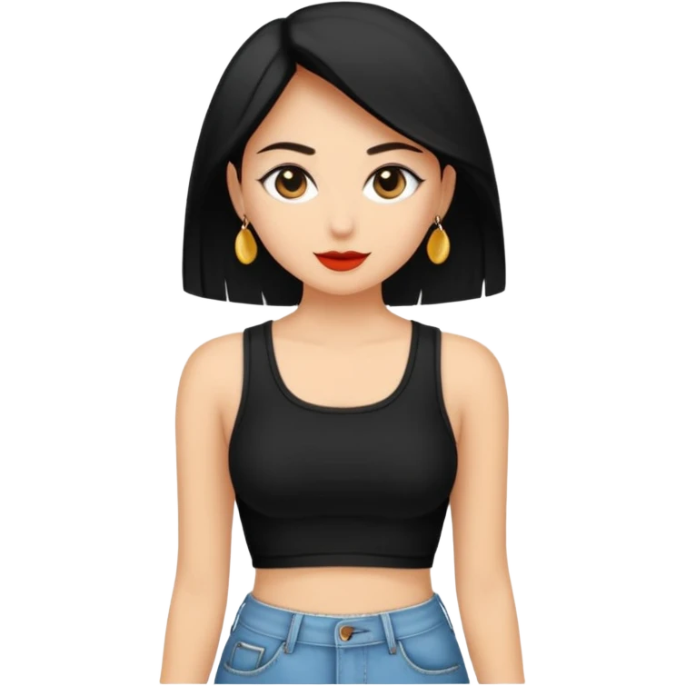 Siyah uzun saçlı siyah ceket  polar ceket ceket gevşek biraz omzundan çıkıyormuş gibi ve bugday ten rengi soltaraftaki omzundan çıkık sadece içinde de siyah crop var crop açık esmer emoji