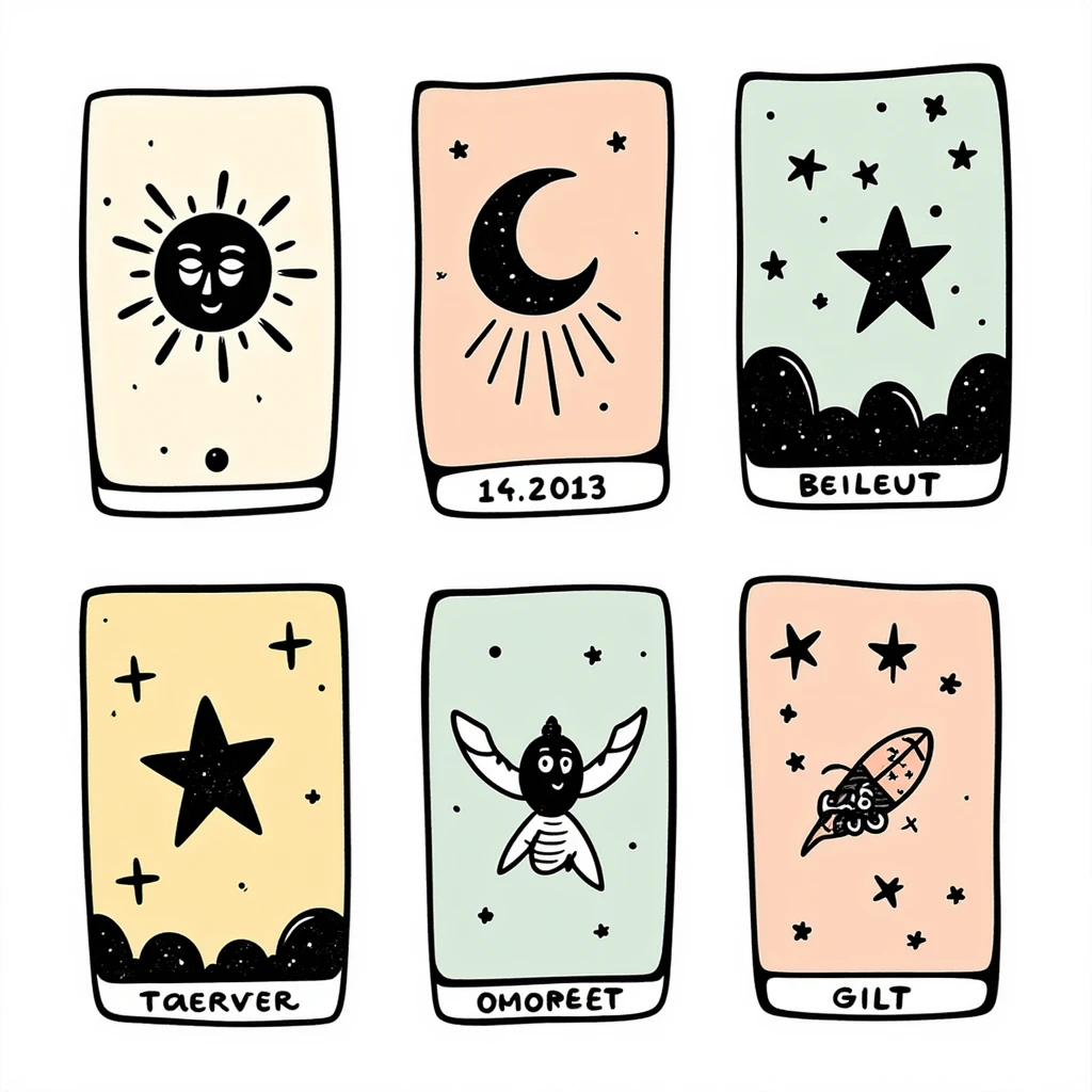 Tarot cards with mystical symbols in pastel colors (dd9fb0, ffc6d3, a3bfc9, c4bee2, f1b091), hand-drawn doodle style emoji