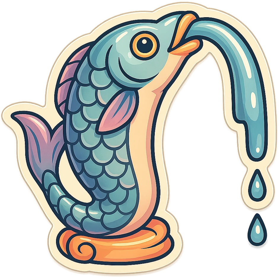 Вытянутая рыбка-фонтан в стиле retro-stickers, без декора, с детализированной рисовкой, тенями и бликами, тонкие чистые контуры, мягкие округлые формы, пастельная палитра #98B5BC, #B5B3C1, #C9A3C9, #E4C0CA, #F7DCD1, #F7C0AA, современное японское поп-арт, мягкое освещение, прозрачный фон. Кадр 3: струя воды ещё длиннее. emoji