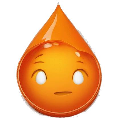 An upward spiral starting from a crumpled orange plastic lid and ending in a shiny orange teardrop-shaped pendant emoji