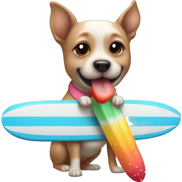 A dog wearing a tutu on a surfboard eating a popsicle ￼ emoji