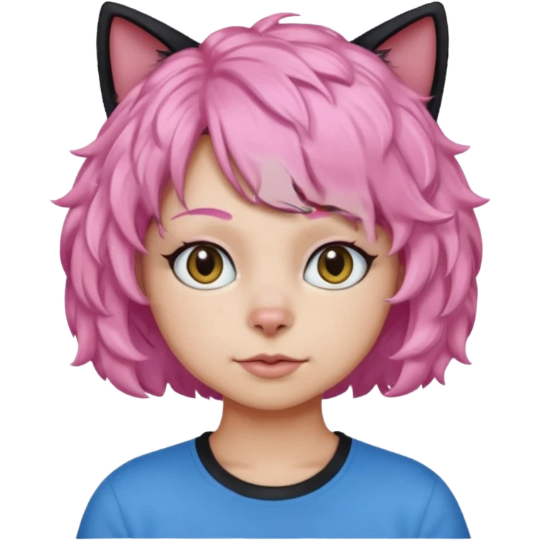 a Black cat wearing a short curly pink hair wig, blue T-shirt emoji