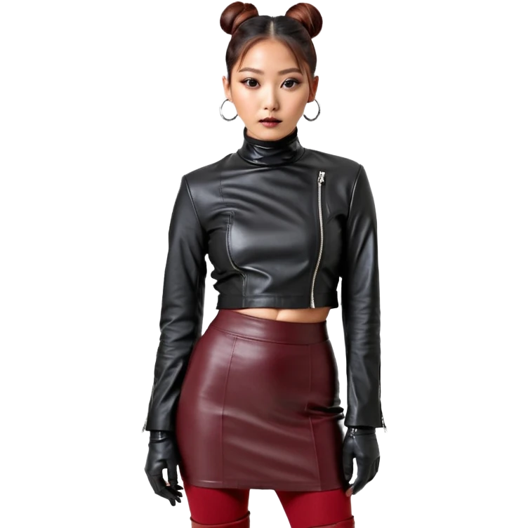 Full-body shot of an East Asian woman with a sleek bun at the nape of the neck, not a high bun. Oversized black leather jacket to the hips, black turtleneck, silver orb necklace. Red leather mini skirt, burgundy tights, red long boots. Fashion-editorial style. emoji
