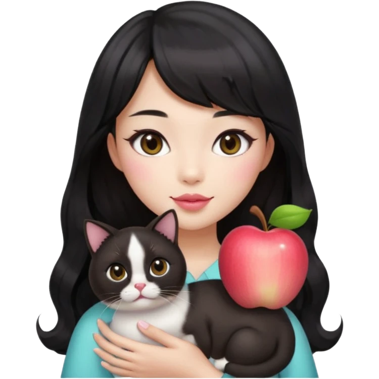 Asian woman with fair skin, black see-through bang front hair, long wavy hair to chest, round brown eyes, light pink blush, pink lips, holding a Siamese cat, Apple emoji style emoji