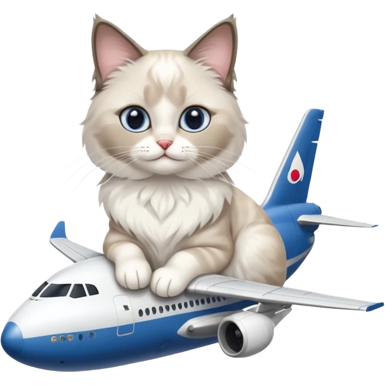 Cute ragdoll cat on an airplane. Should sit on top of the plane, cat is way bigger than airplane. Can you make the plane cooler like airbus a380 and the cat a bit happier? I liked the first and last pic out of these. Cat should be ragdoll with white and grey just like these emoji