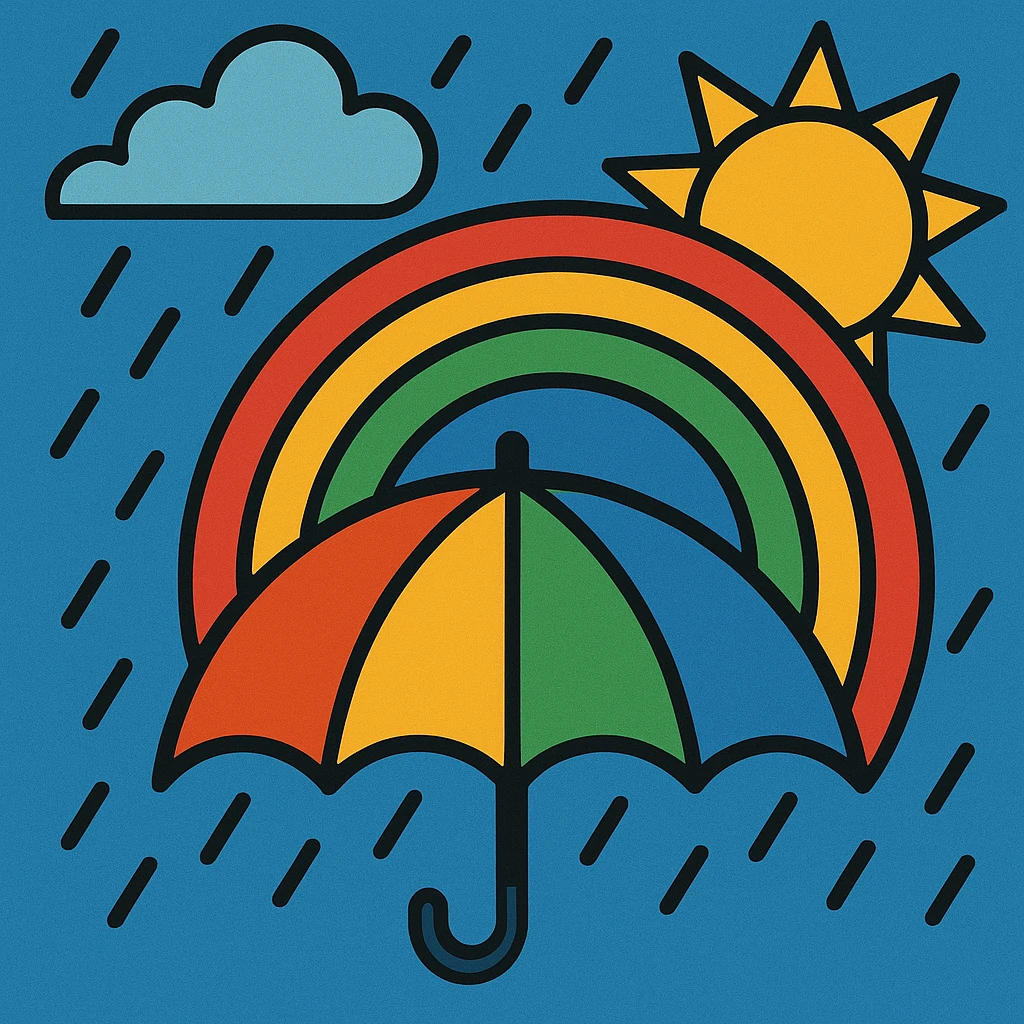 symbolic image of an umbrella under the rain with a rainbow and the sun coming out, inspired by the saying 'after the storm always comes the sun' emoji
