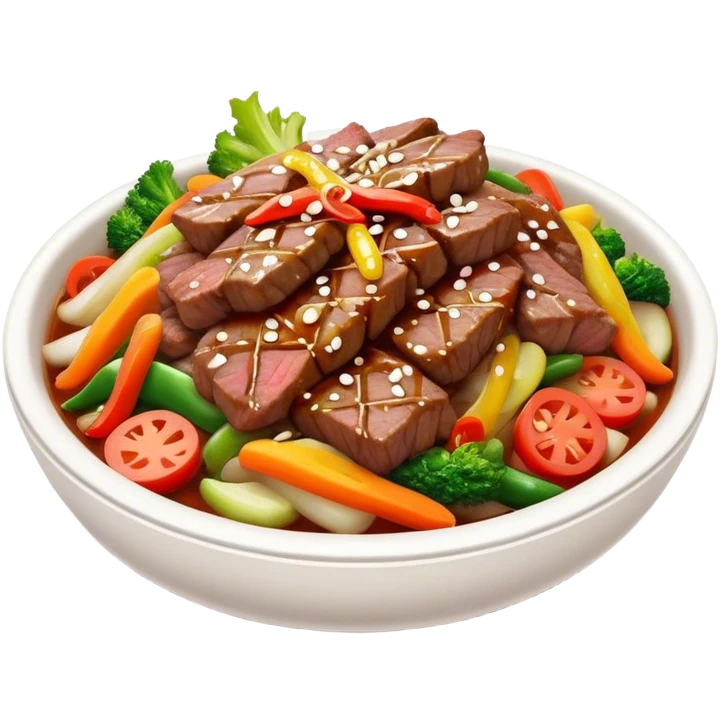 Cinematic Realistic Bulgogi Dish Emoji, featuring tender, marinated beef stir-fried with vegetables rendered with dynamic textures and mouth-watering lighting. emoji