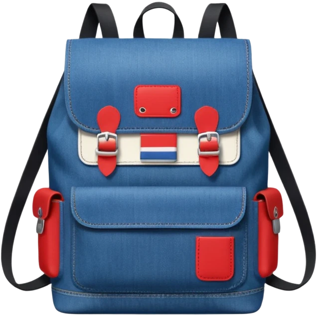 Minimalist emoji-style icon of a stylish blue denim backpack with a flap top, two vertical black buckle straps, a large red-white-navy horizontal block in the center, and two zipper side pockets. Inspired by Tommy Jeans design. Front view, cartoon-like, clean design.

 emoji