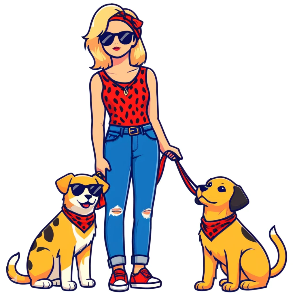 stylish woman in leopard print sleeveless top, flared jeans, sunglasses, black bag, squatting next to happy golden retriever with red bandana and blue leash, urban brick wall background, side angle emoji