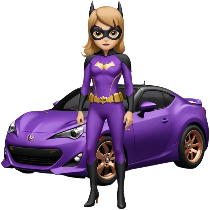 Satin black and rose gold 60’s Batgirl themed Scion FR-S hot rod (tight fitting purple suit on her) emoji