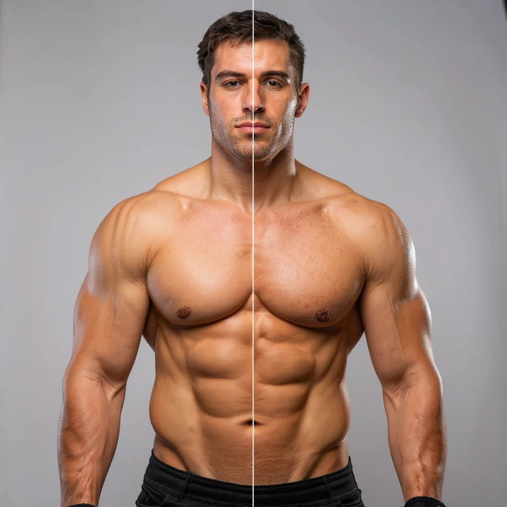 Realistic style image of a shirtless male bodybuilder, half body in mass phase, half body in definition phase, muscles and skin well highlighted. Light background. Neutral expression. emoji